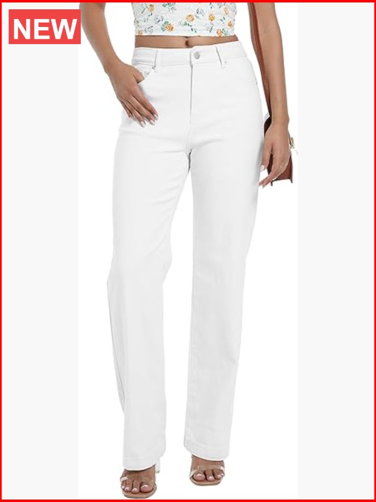 High Waisted Straight Leg Jeans Stretchy Cotton Blend Tummy Control